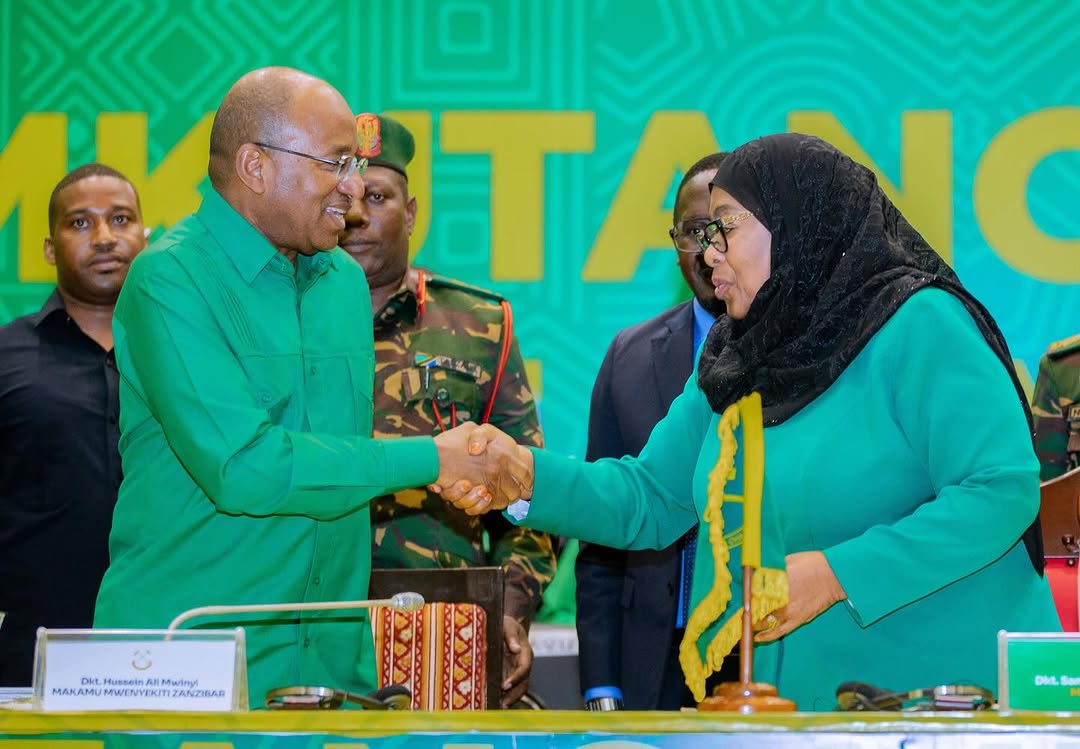 Samia Suluhu Hassan and Hussein Mwinyi during CCM nomination meeting